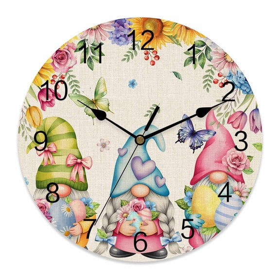 Small Wall Clock 10 Inch Spring Gnomes Easter Round Silent Decorative Wall Clocks Battery Operated for Living Room Bedroom Kitchen Classroom Decor, Flowers Butterflies Linen