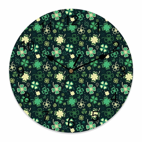 Small Wall Clock 10 Inch St. Patrick's Day Round Silent Decorative Wall Clocks Battery Operated for Living Room Bedroom Kitchen Classroom Decor, Four Leaf Clovers Pattern Black Green