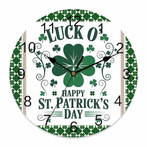 Small Wall Clock 10 Inch St. Patrick's Day Round&nbsp;Silent Decorative Wall Clocks Battery Operated for Living Room Bedroom Kitchen Classroom Decor, Lucky Four Leaf Clovers Plaid Pattern White