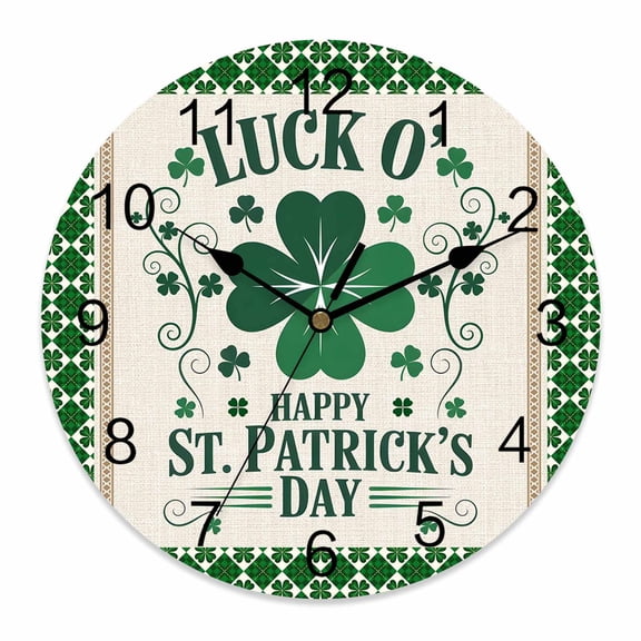 Small Wall Clock 10 Inch St. Patrick's Day Round Silent Decorative Wall Clocks Battery Operated for Living Room Bedroom Kitchen Classroom Decor, Lucky Four Leaf Clovers Plaid Pattern Green