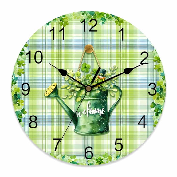 Small Wall Clock 10 Inch Welcome St. Patrick's Day Round Silent Decorative Wall Clocks Battery Operated for Living Room Bedroom Kitchen Classroom Decor, Four Leaf Clovers Kettle Green Plaid
