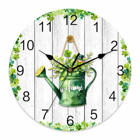 Small Wall Clock 10 Inch Welcome St. Patrick's Day Round&nbsp;Silent Decorative Wall Clocks Battery Operated for Living Room Bedroom Kitchen Classroom Decor, Four Leaf Clovers Kettle Rustic Wood
