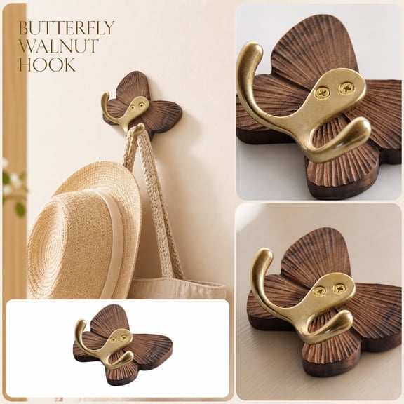 Small Wall Decor, Entryway Wall Decor, Gold Accent Decor, Wall Mount Organizer, 3.5X2.5 Inch Hand-Carved Black Walnut Butterfly Brass Double Prong Sticky Hook with Smooth