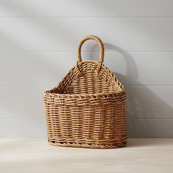 Small Wall Hanging Basket: Plastic Woven Kitchen Rustic Wicker Storage Holder for front door decor, Boho Keeper Organizer Bin for Vegetable Garlic Potato Onion Fruit Flower