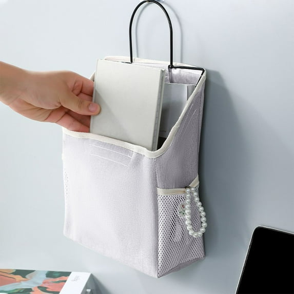 Small Wall Hanging Organizer Bag, Linen Fabric Door Hanging Storage Basket with Pockets, Waterproof Bin for Kitchen, Bedroom, Office, RV Camper