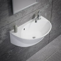 Small Wall Mounted Bathroom Sink 17" White Ceramic Oval Basin Porcelain Coated Floating Vessel Sink w/Overflow and Single Faucet Hole Renovators Supply