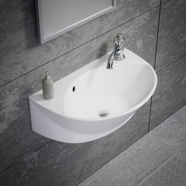 Small Wall Mounted Bathroom Sink 17" White Ceramic Oval Basin Porcelain Coated Floating Vessel Sink w/Overflow and Single Faucet Hole Renovators Supply