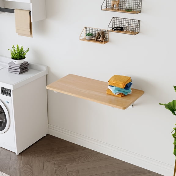 Small Wall Mounted Folding Table, Floating Desk for Small Spaces, Fold Down Kitchen/Bathroom/Laundry Table, Natural Wood