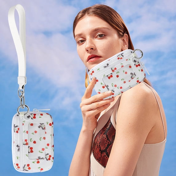 Small Wallet Cherry Print, Wristlet Wallets for Women Detachable Dual Pouch Keychain Wristlet Wallet,Portable Waterproof Wristlet Pouch With Clear Card Slot Cute Coin Purse