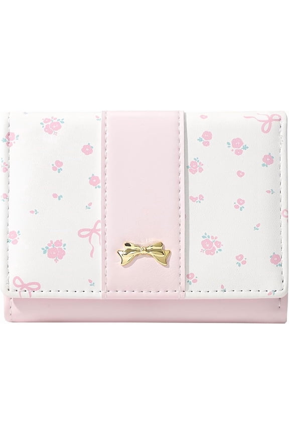 Small Wallet Floral Coquette Bow Wallet Cute Wallet ID 7 Credit Card Slots for Women Girls (BLUE)