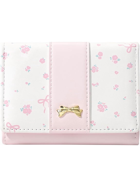 Small Wallet Floral Coquette Bow Wallet Cute Wallet ID 7 Credit Card Slots for Women Girls (BLUE)