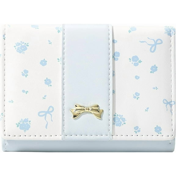 Small Wallet Floral Coquette Bow Wallet Cute Wallet ID 7 Credit Card Slots for Women Girls (BLUE)