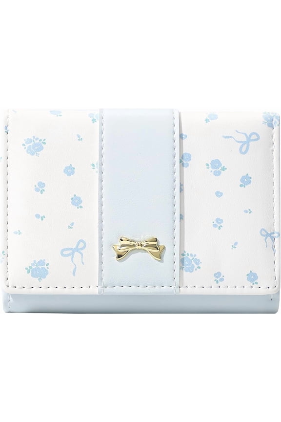 Small Wallet Floral Coquette Bow Wallet Cute Wallet ID 7 Credit Card Slots for Women Girls (BLUE)
