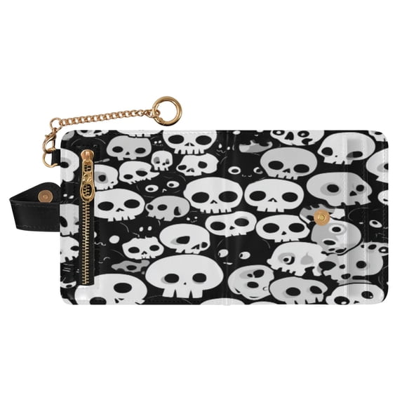 Small Wallet For Women Bifold Leather Pocket Coin Credit Card Holder With RFID Blocking Black White Color Skulls