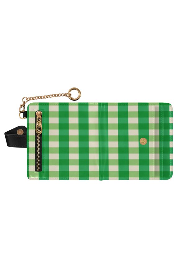 Small Wallet For Women Bifold Leather Pocket Coin Credit Card Holder With RFID Blocking Bright Green Cream-colored Checkered