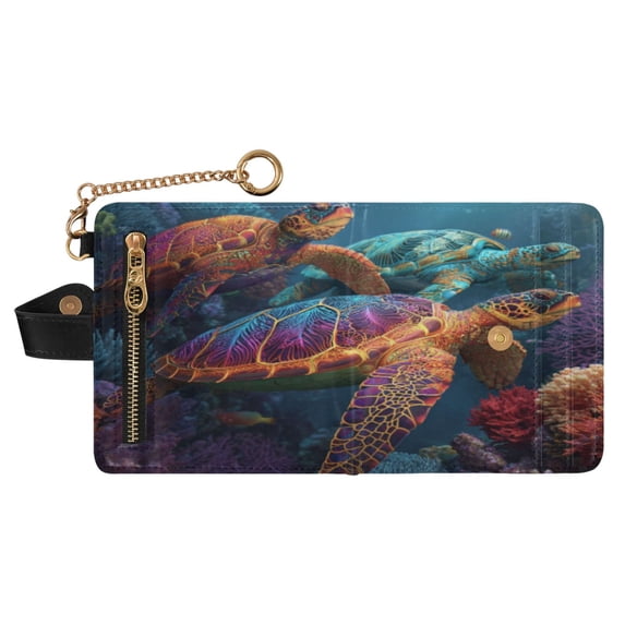Small Wallet For Women Bifold Leather Pocket Coin Credit Card Holder With RFID Blocking Colorful Turtle Design