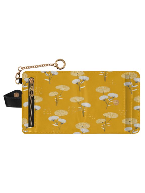 Small Wallet For Women Bifold Leather Pocket Coin Credit Card Holder With RFID Blocking Dandelion Pattern on Yellow Background