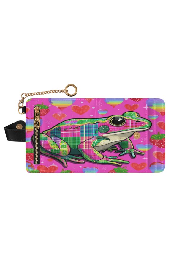 Small Wallet For Women Bifold Leather Pocket Coin Credit Card Holder With RFID Blocking Frog & Strawberries