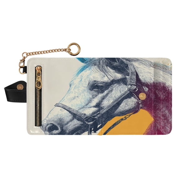 Small Wallet For Women Bifold Leather Pocket Coin Credit Card Holder With RFID Blocking Horse Hand-drawn Illustration Style