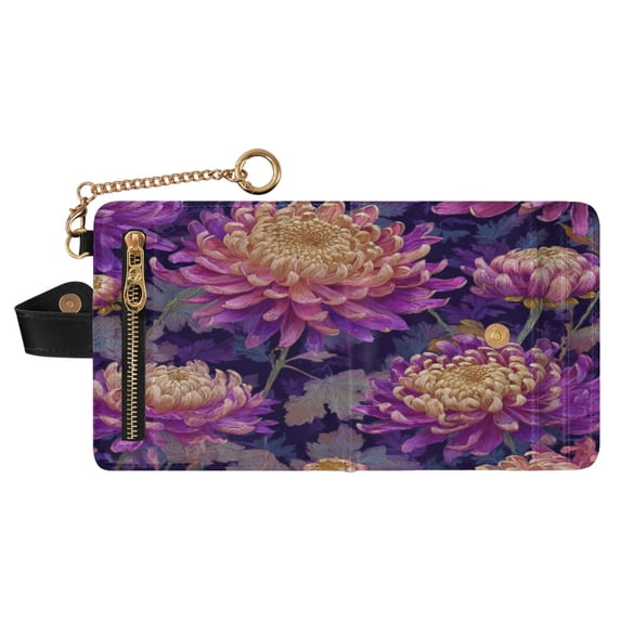 Small Wallet For Women Bifold Leather Pocket Coin Credit Card Holder With RFID Blocking Light Chrysanthemums
