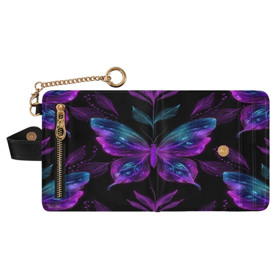 Small Wallet For Women Bifold Leather Pocket Coin Credit Card Holder With RFID Blocking Neon Purple and Blue Butterflies