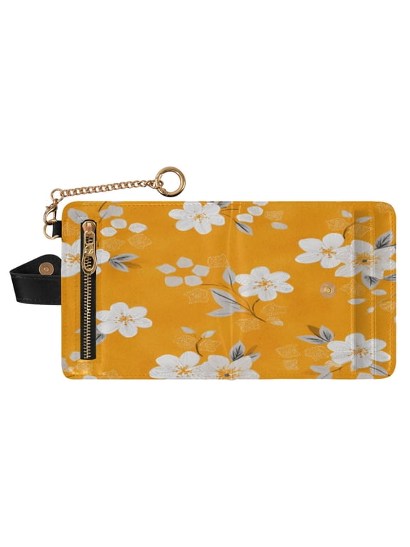 Small Wallet For Women Bifold Leather Pocket Coin Credit Card Holder With RFID Blocking Orange Flowers Pattern
