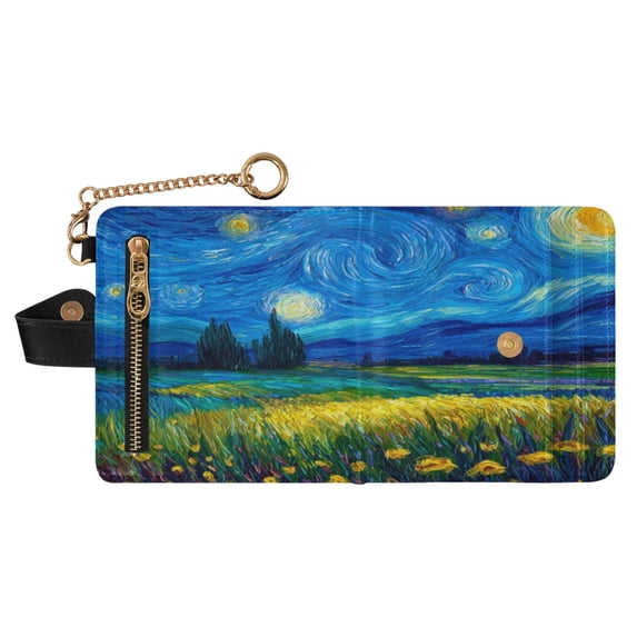 Small Wallet For Women Bifold Leather Pocket Coin Credit Card Holder With RFID Blocking Starry Night Flower Field