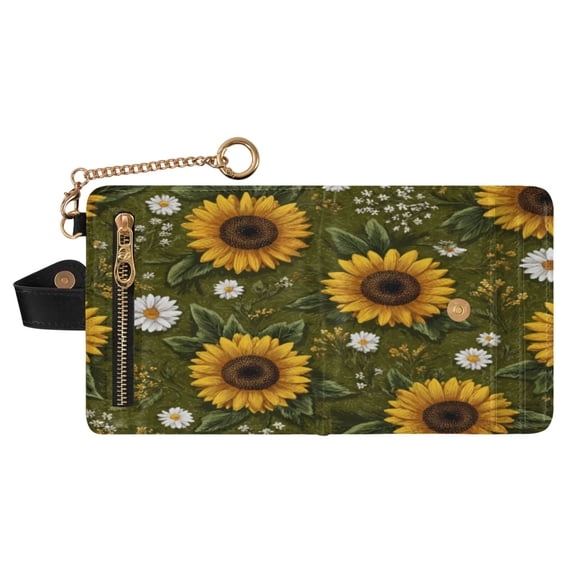 Small Wallet For Women Bifold Leather Pocket Coin Credit Card Holder With RFID Blocking Sunflower Daises Pattern