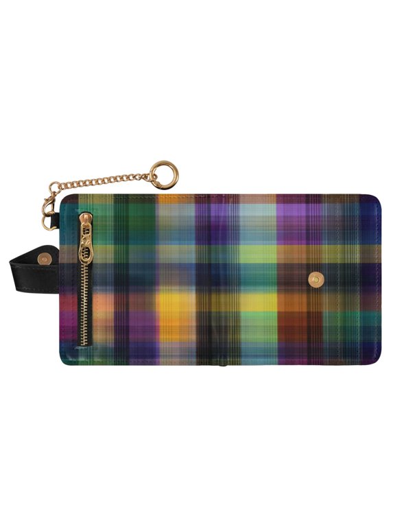 Small Wallet For Women Bifold Leather Pocket Coin Credit Card Holder With RFID Blocking Tartan Pattern in Rainbow Colors