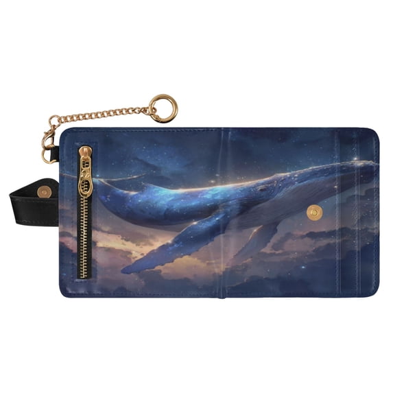Small Wallet For Women Bifold Leather Pocket Coin Credit Card Holder With RFID Blocking Whales under The Starry Sky