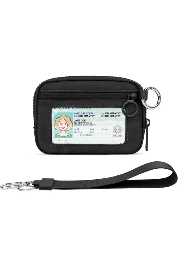 The Small Wallet, Mini  Wristlet Zip Cases for Women,  Pouch Purse with Clear ID Window, Card Holder, Solid Portable Detachable Wallets with Travel Lanyard (Black)