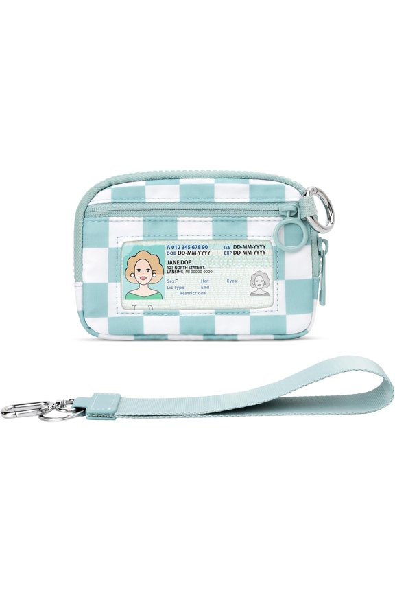 The Small Wallet, Mini Wristlet Zip Cases for Women, Pouch Purse with Clear ID Window, Card Holder, Solid Portable Detachable Wallets with Travel Lanyard (Ice Blue Checkered)