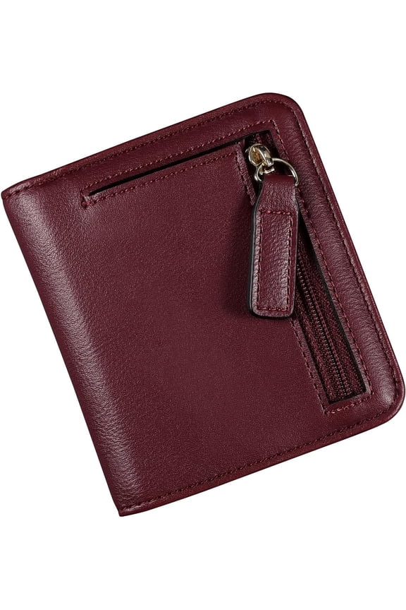 Small Wallet Women RFID Blocking Leather Bifold Compact Card Holder Wallet for Women With Zipper Pocket ID Window ( Red)