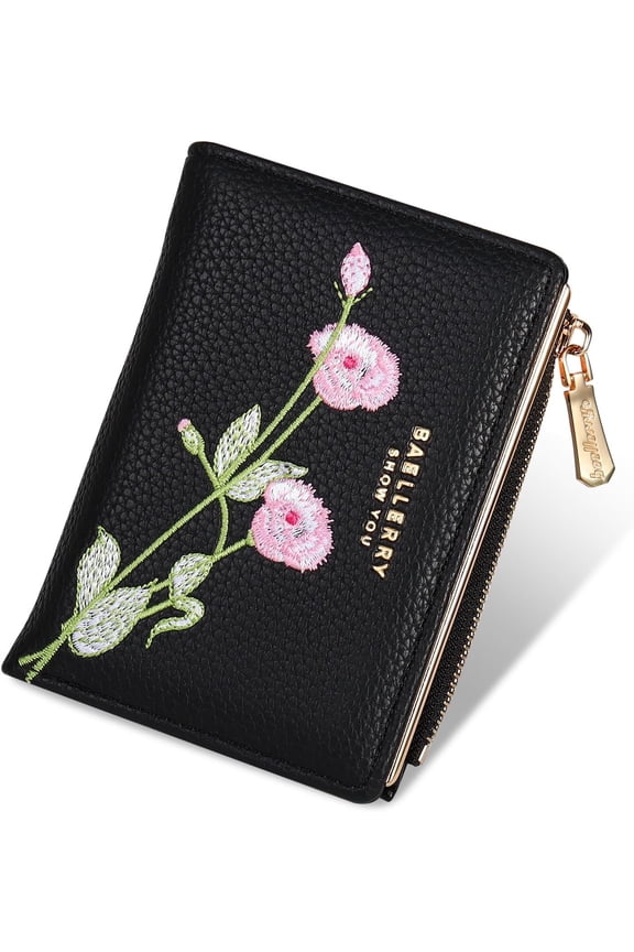 Small Wallet for Women -Bifold Embroidery Flower Wallet RFID Blocking PU Leather with Zipper Pocket for women girls(Black)
