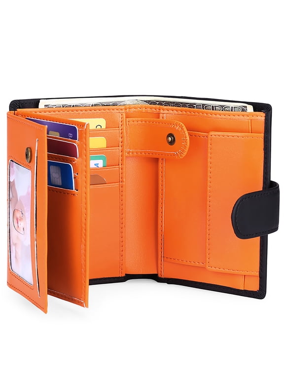 Small Wallet for Women Genuine Leather RFID Blocking ID WIndow Credit Card Holder - Black and Orange