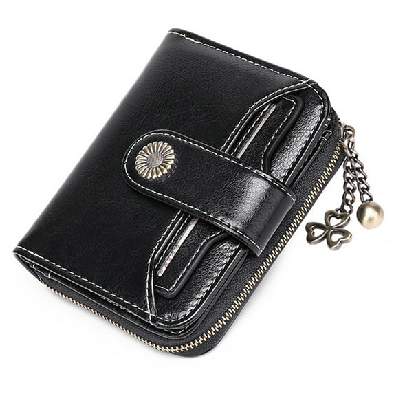Small Wallet for Women Genuine Leather RFID Blocking Wallet Bifold Purse Zipper Pocket Card Holder with ID Window - Black