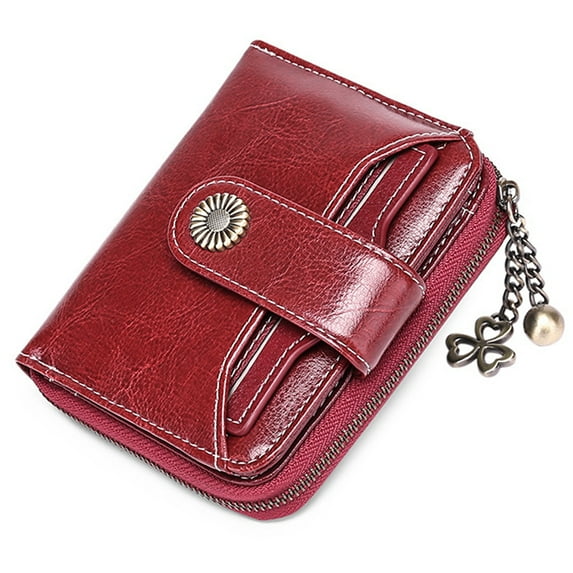 Small Wallet for Women Genuine Leather RFID Blocking Wallet Bifold Purse Zipper Pocket Card Holder with ID Window - Wine Red