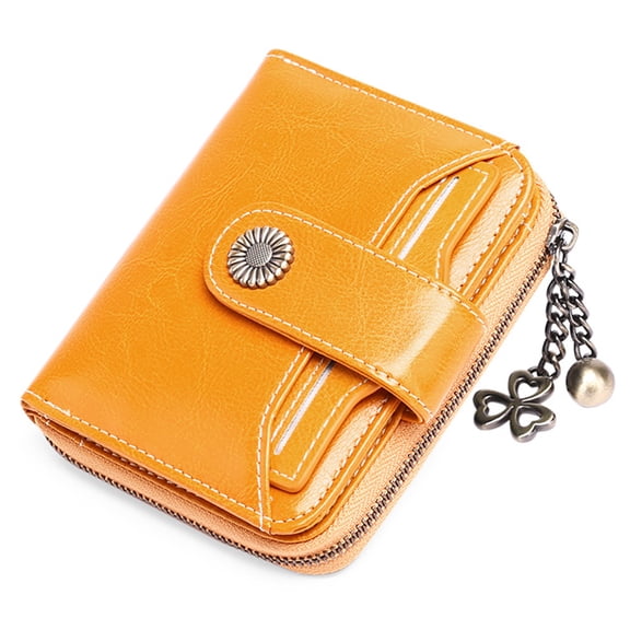 Small Wallet for Women Genuine Leather RFID Blocking Wallet Bifold Purse Zipper Pocket Card Holder with ID Window - Yellow