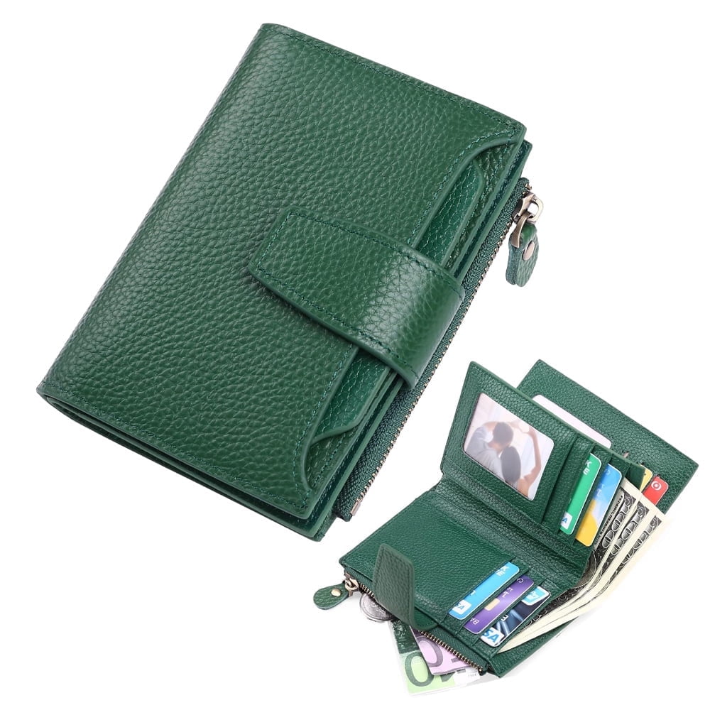 SENDEFN Small Women's Leather Bifold Wallet | RFID Blocking Card Holder With Zipper Coin Pocket - Natural Green