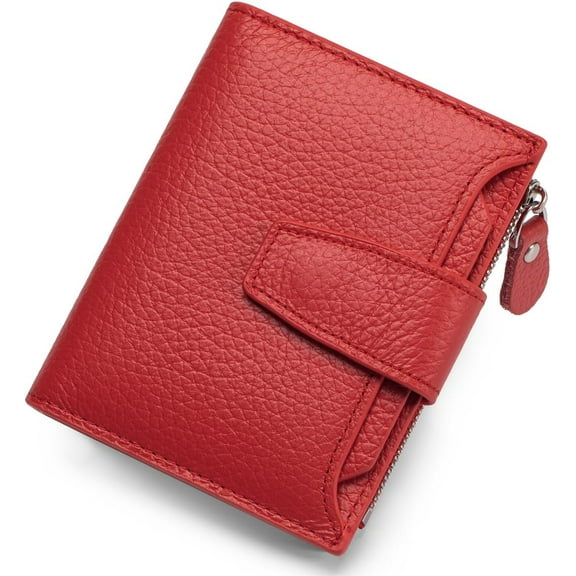 Small Wallet for Women RFID Blocking Bifold Leather Wallet Compact Card Holder with Zipper Coin Pocket & 4 ID Windows, Red