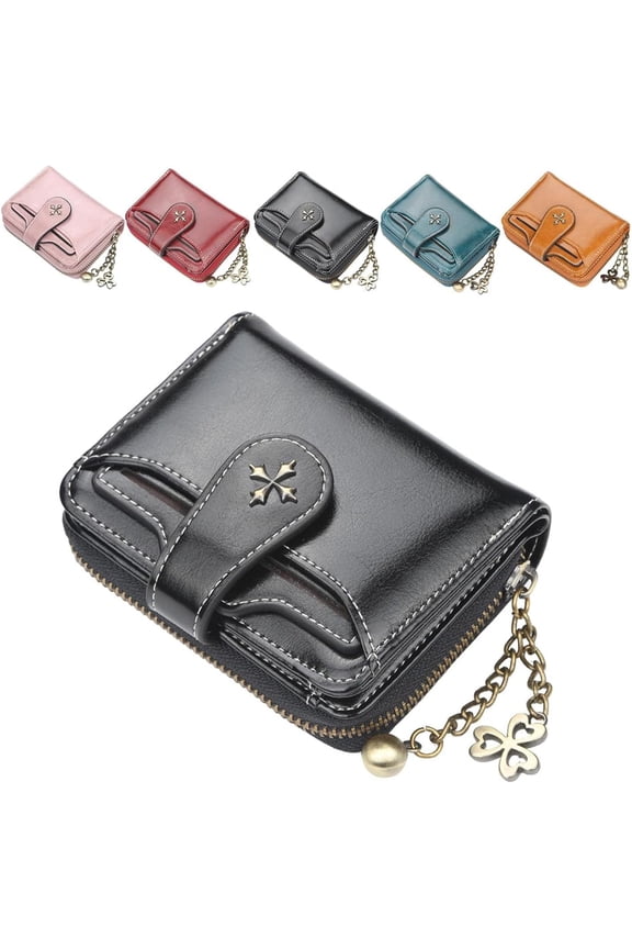 Small Wallet for Women Zip Bifold Vintage Wallet Goth Purse Mini Leather Cash Wallets with Zipper Coin Pocket -Black