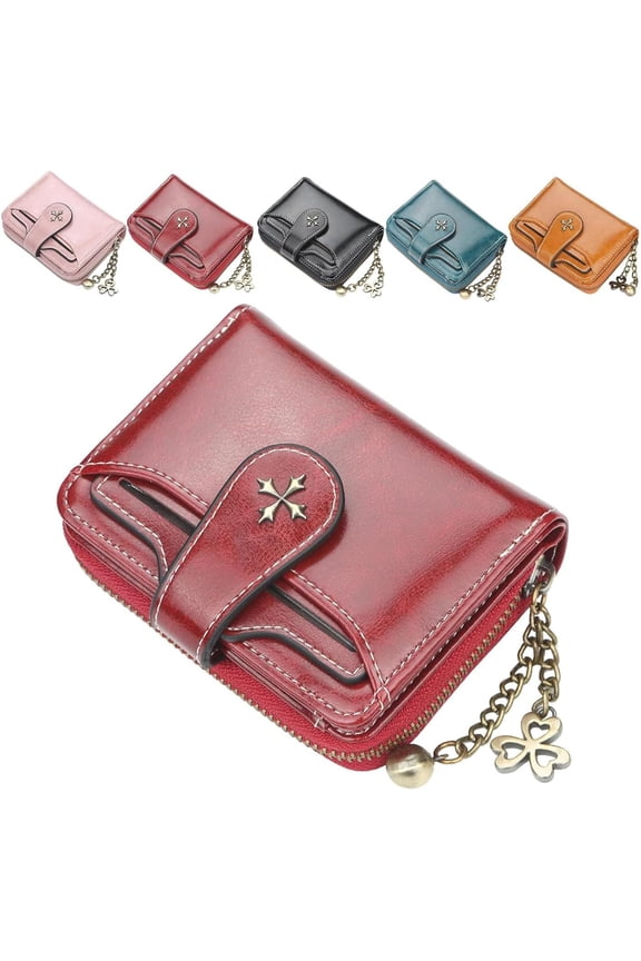 Small Wallet for Women Zip Bifold Vintage Wallet Goth Purse Mini Leather Cash Wallets with Zipper Coin Pocket -Red