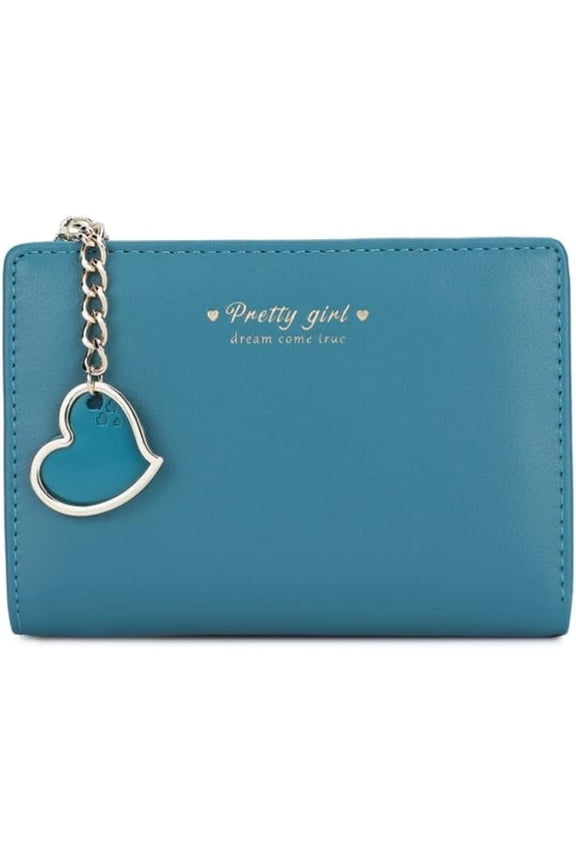 Small Wallet with Heart Pendant Bifold Wallet Zipper Pocket  Card Holder  Purse for Women Girls (BLUE)