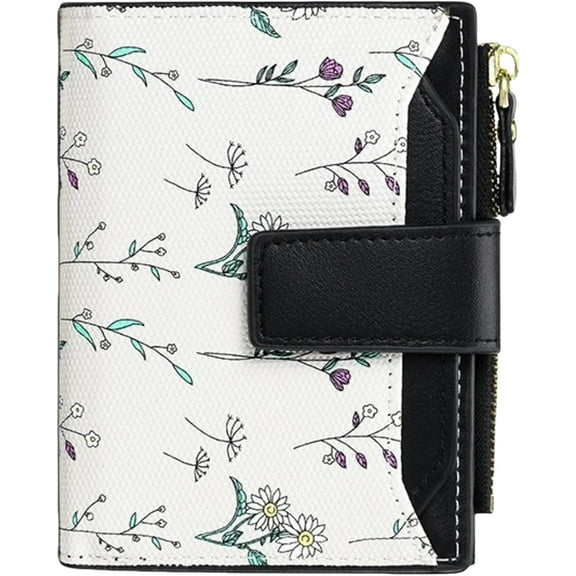 Small Wallets Women Faux Leather Bifold Card Holder Cute Flower Wallet for Women with Zipper Coin Pocket 3 ID Windows