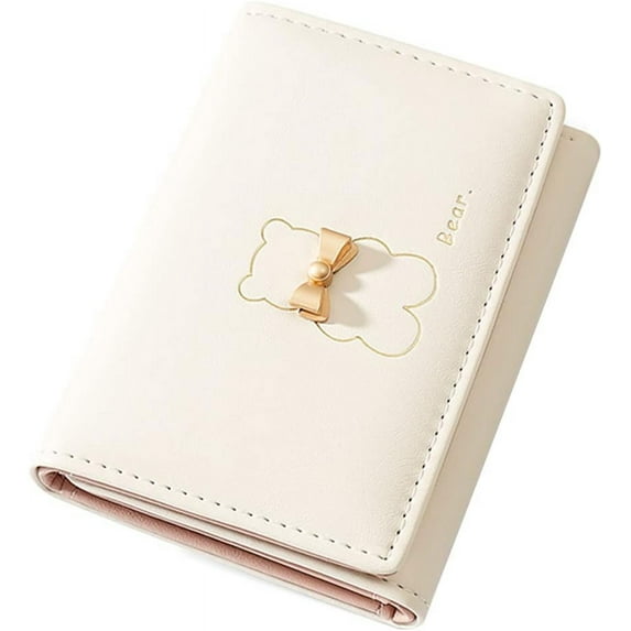 Small Wallets for Girls Cute Bear Print Wallet Small Tri-folded Wallet Cash Pocket Card Holder ID Window Purse for Women (Beige)
