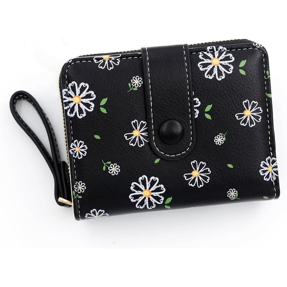 Small Wallets for Women Leather Bifold Zipper Pocket Colorful Flowers Wallet Credit Card Holder with ID Window
