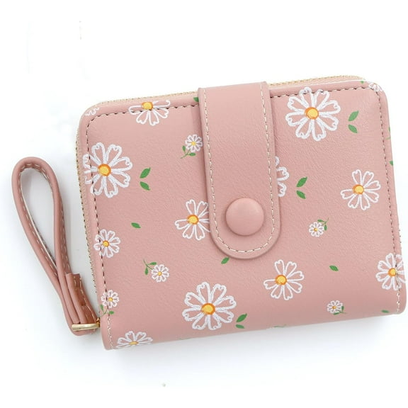 Small Wallets for Women Leather Bifold Zipper Pocket Colorful Flowers Wallet Credit Card Holder with ID Window