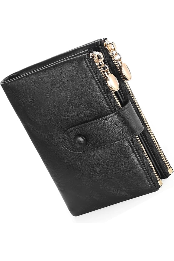 Small Wallets for Women Leather RFID Blocking Bifold Double Zipper Pockets Wallet Card Case Purse with 2 ID Windows