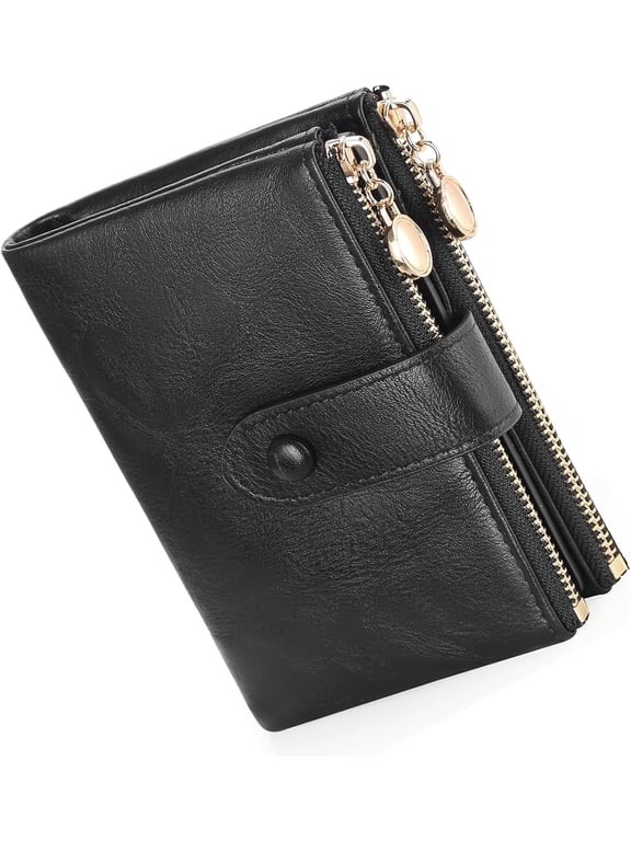 Small Wallets for Women Leather RFID Blocking Bifold Double Zipper Pockets Wallet Card Case Purse with 2 ID Windows