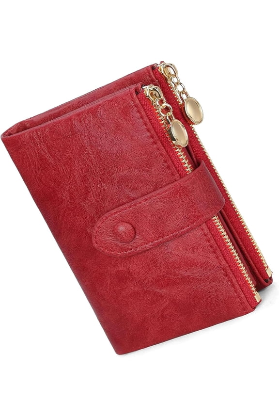 Small Wallets for Women Leather RFID Blocking Bifold Double Zipper Pockets Wallet Card Case Purse with 2 ID Windows